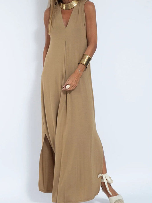 Women’s Sleeveless Dress – V-Neck – Relaxed Fit – Ankle Length – Breathable Blend