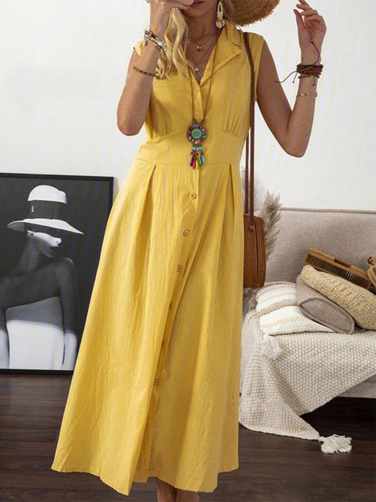 Women’s Sleeveless Dress – A-Line Fit – Natural Fibers – Button Front – Midi Length