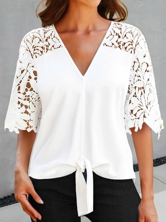Women’s Blouse – V-Neck – Lace Half Sleeves – Tie Front – Relaxed Fit – Cotton