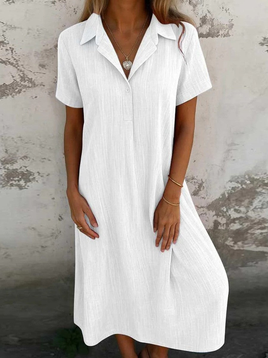 Women’s Midi Dress – Relaxed Fit – Button-Up Front – Natural Fibers – Short Sleeve