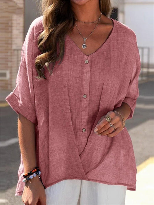 Women’s V-neck Blouse – Relaxed Fit – Button Front – Half Sleeve – Linen Blend