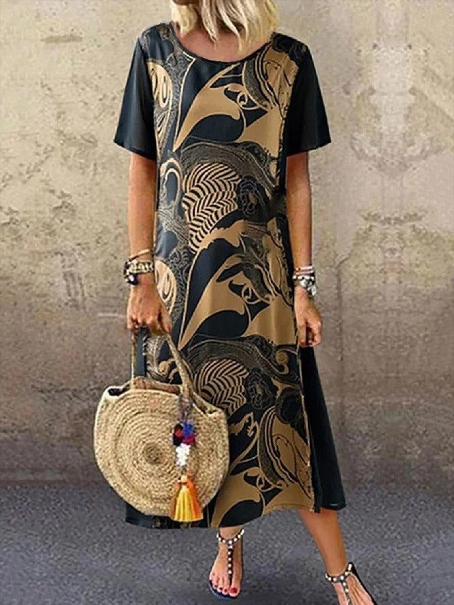Women’s Midi Dress – Relaxed Fit – Natural Fibers – Bold Artistic Print – Short Sleeve