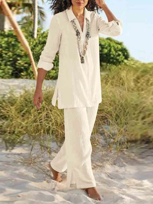 Women’s Two-Piece Set – Relaxed Fit – V-Neck Long Sleeve Top – Full-Length Pants – Breathable Blend
