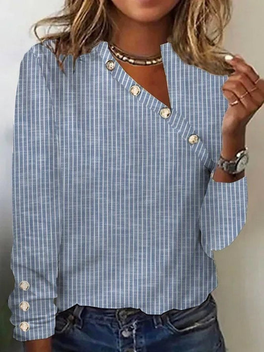 Women’s Blouse – Relaxed Fit V-Neck – Striped – Cotton – Long Sleeve – Asymmetrical Buttons