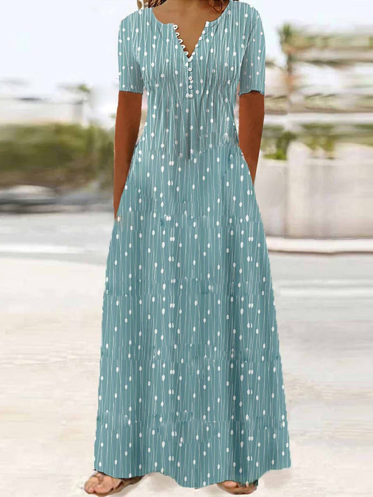 Women’s Maxi Dress – Flowing Fit – V-Neck Button Front – Short Sleeve – Breathable Blend