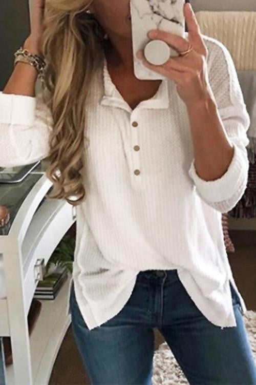 Women’s Long Sleeve T-Shirt – Relaxed Fit – Cotton Knit – Button Neckline – Ribbed Trim