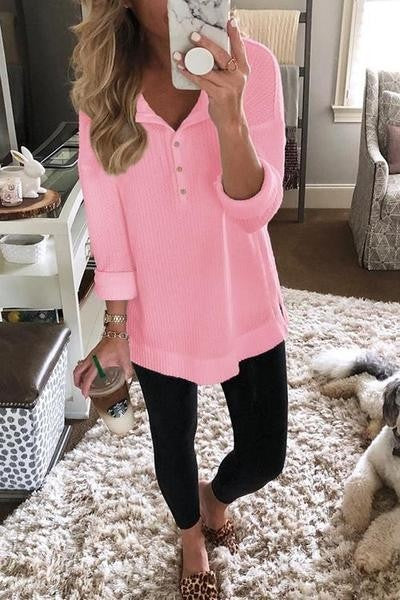 Women’s Long Sleeve T-Shirt – Relaxed Fit – Cotton Knit – Button Neckline – Ribbed Trim