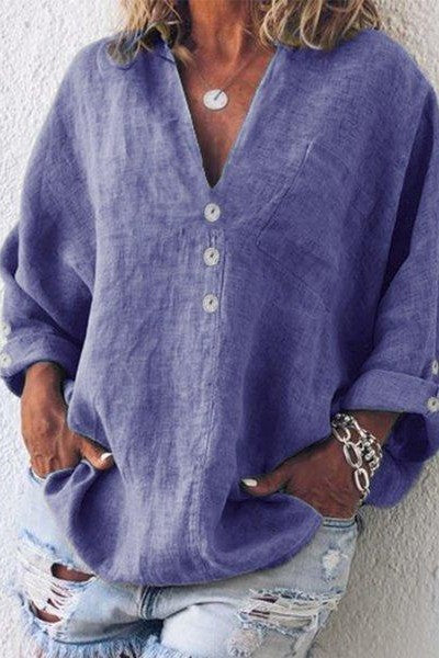 Women’s Tunic Top - Linen - Relaxed Fit - V-Neck - Roll-Tab Sleeves