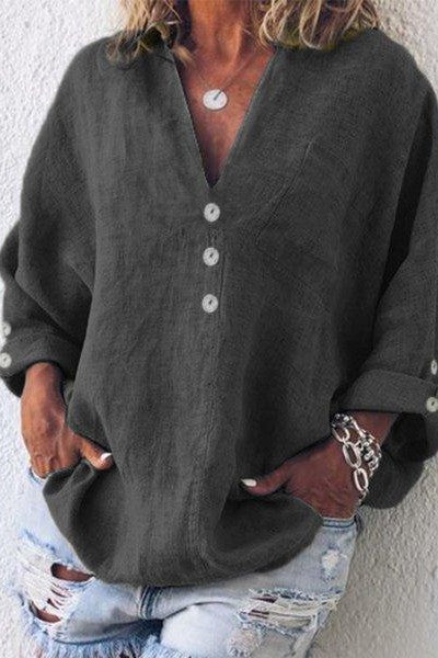 Women’s Tunic Top - Linen - Relaxed Fit - V-Neck - Roll-Tab Sleeves