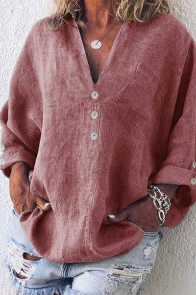 Women’s Tunic Top - Linen - Relaxed Fit - V-Neck - Roll-Tab Sleeves