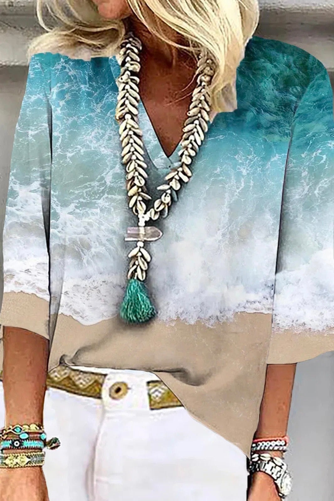 Women’s Blouse – Relaxed Fit – V-Neck – 3/4 Sleeve – Beach Print – Breathable Blend