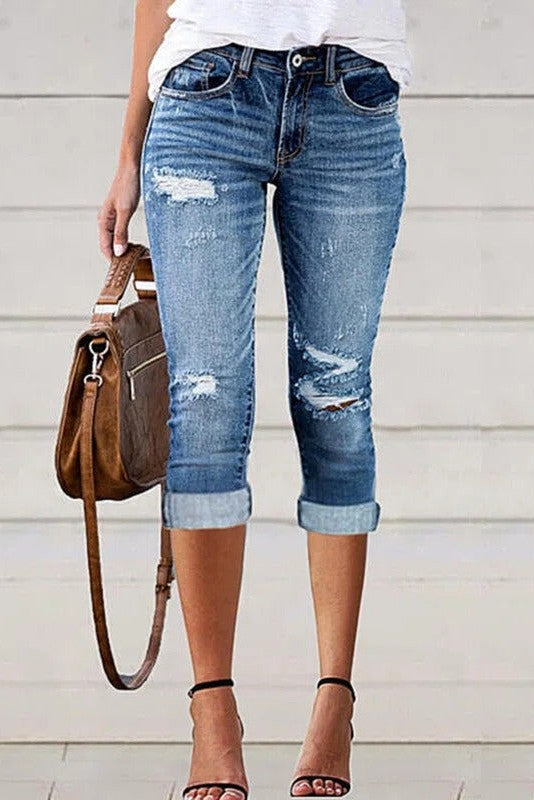 Women’s Jeans – Slim Fit – Distressed Ripped Denim – Cropped Rolled Cuff – Casual Style