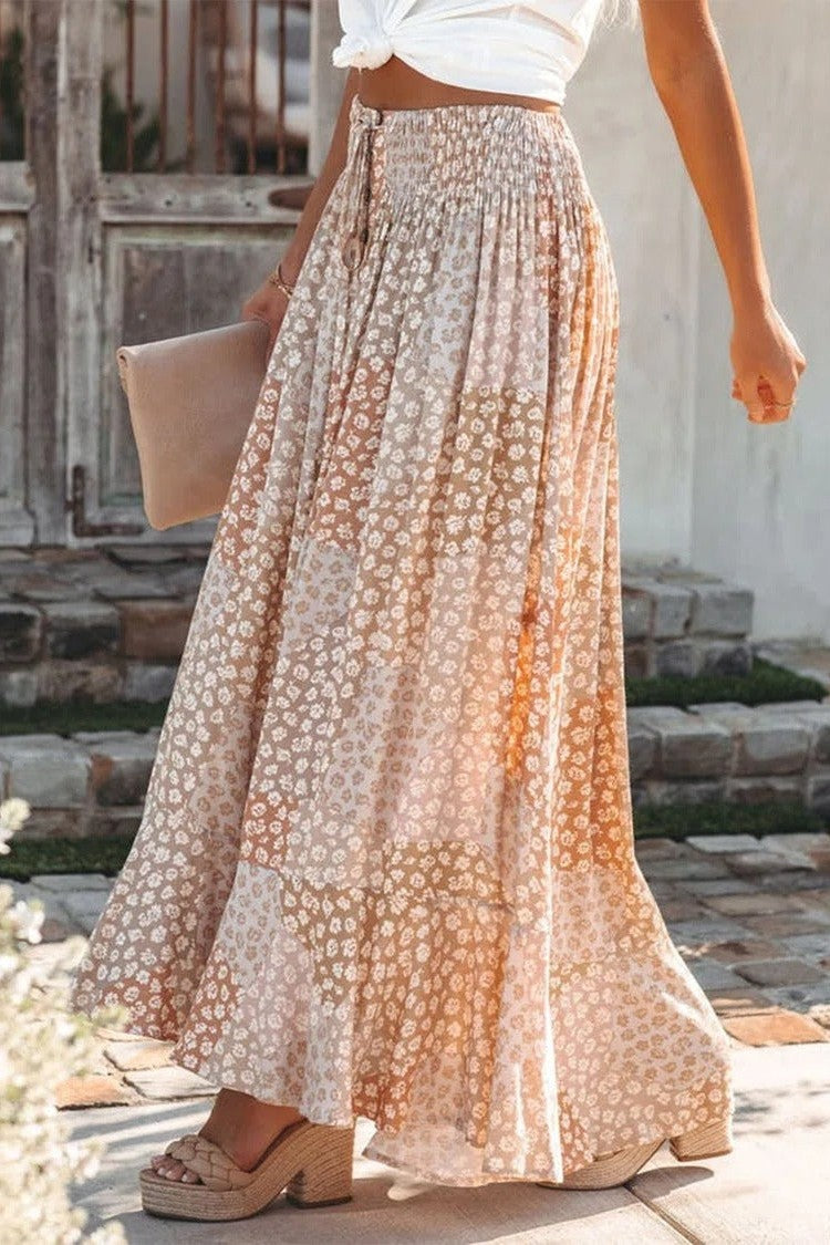 Women’s Maxi Skirt – Relaxed Fit – Elastic Waist – Button Front – Floral Print – Breathable Blend