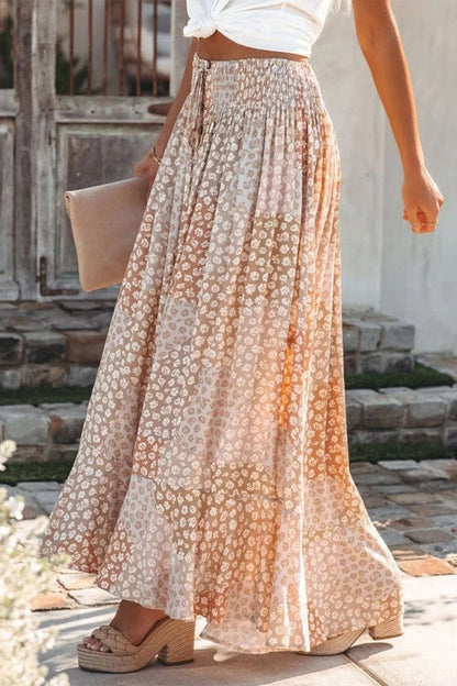 Women’s Maxi Skirt – Relaxed Fit – Elastic Waist – Button Front – Floral Print – Breathable Blend