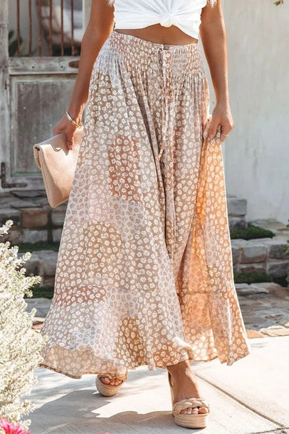 Women’s Maxi Skirt – Relaxed Fit – Elastic Waist – Button Front – Floral Print – Breathable Blend