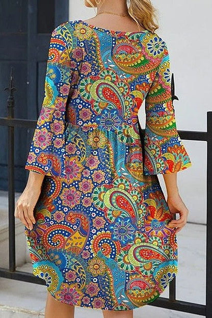 Women’s Mini Dress – Paisley Print – 3/4 Sleeve – Relaxed Fit – Breathable Blend