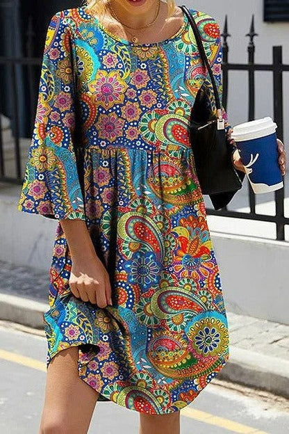 Women’s Mini Dress – Paisley Print – 3/4 Sleeve – Relaxed Fit – Breathable Blend