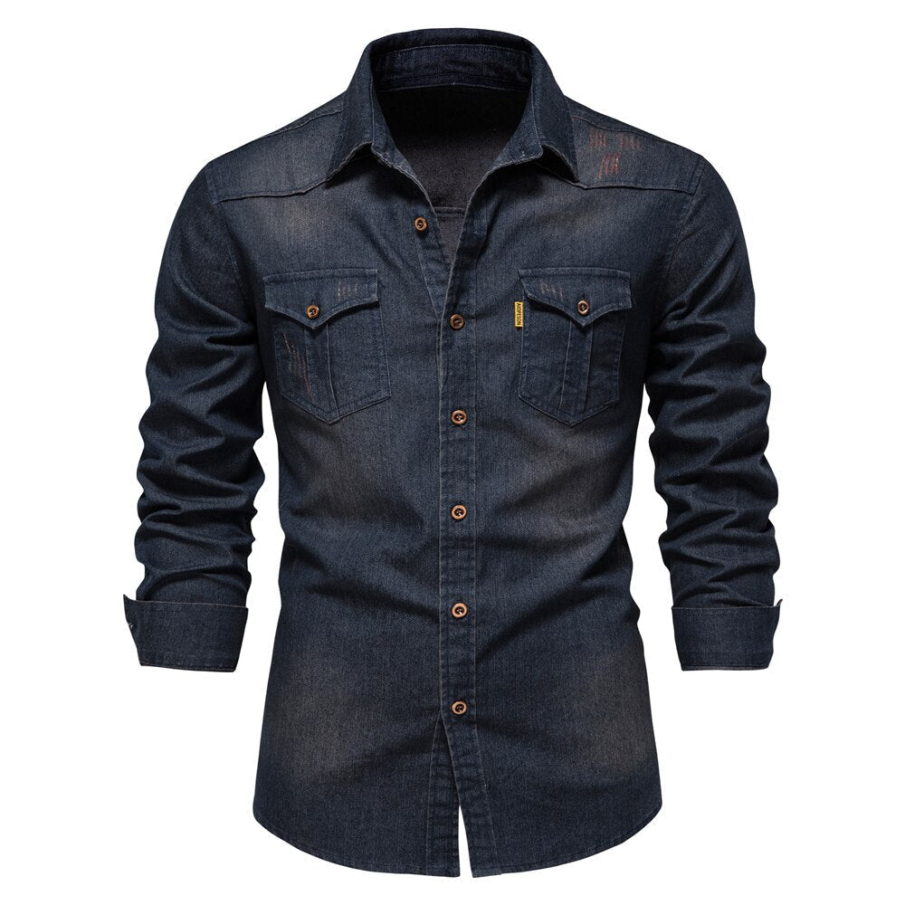 Men’s Denim Shirt – Slim Fit – Button-Down – Chest Pockets – Breathable Cotton