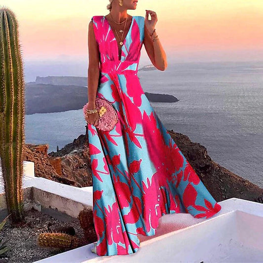Women’s Maxi Dress – Flowy Fit – Deep V-Neck – Sleeveless – Breathable Blend – Floral Print