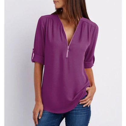 Women’s Blouse – Relaxed Fit – Cotton Blend – Half Zip – 3/4 Roll-Up Sleeves