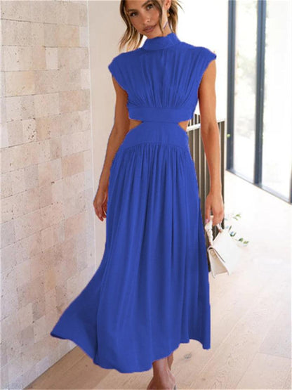 Women's Maxi Dress - Sleeveless A-Line - High Neck - Waist Cutout - Flowy Lightweight