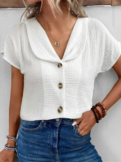 Women’s Blouse – Relaxed Fit – Crinkled Texture – Cropped – Short Sleeve – Button Front