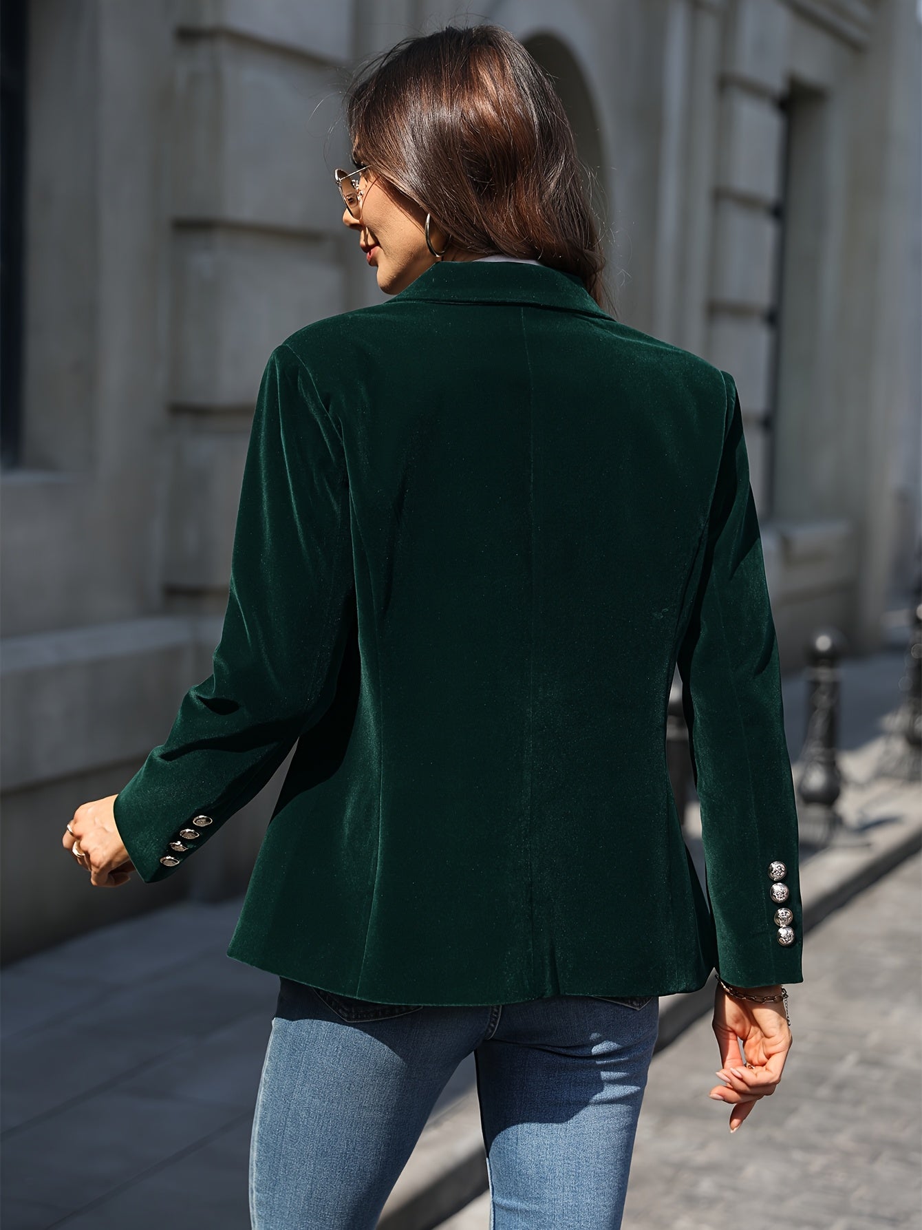 Women’s Blazer – Velvet Tailored Fit – Gold Button Accents – Classic Silhouette