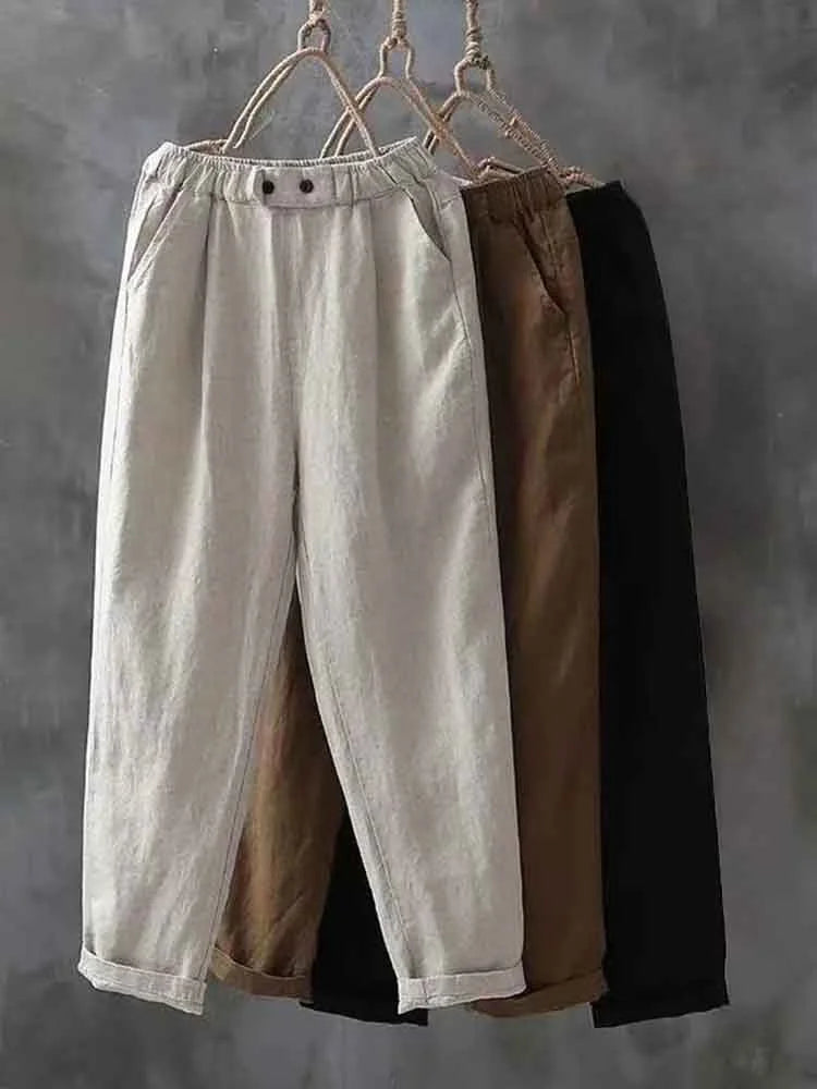 Women’s Casual Pants – Relaxed Fit – Cotton Blend – Full Length – Elastic Waist