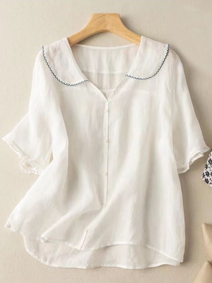 Women’s Short Sleeve Shirt – Cotton Linen – Loose Fit – Retro Scalloped Collar