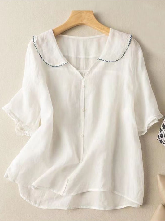 Women’s Short Sleeve Shirt – Cotton Linen – Loose Fit – Retro Scalloped Collar