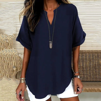 Women’s Blouse – Relaxed Fit – V-Neck – Short Sleeve – Natural Fibers – Casual Style