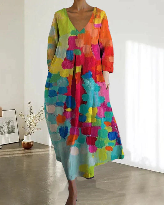 Women's Maxi Dress - Flowing Loose Fit - V-Neck - Three-Quarter Sleeve - Abstract Print