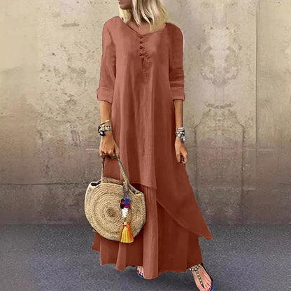 Women’s Midi Dress – Relaxed Fit – Natural Fibers – V-Neck – Layered Asymmetrical Hem