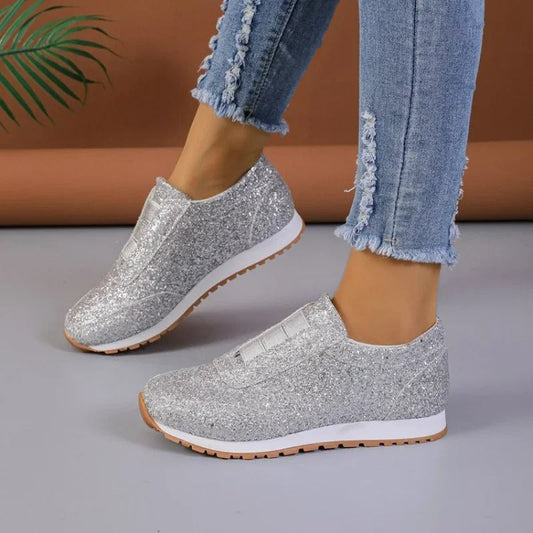 Women’s Slip-On Sneakers – Glitter Upper – Elastic Band – Low Top Casual Style