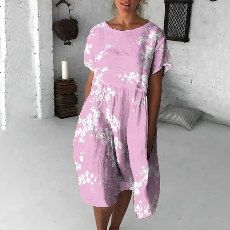 Women’s Midi Dress – Relaxed Flowy Fit – Short Sleeve – Floral Print – Breathable Blend