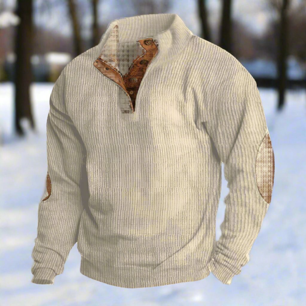 Men’s Knitted Sweater – Wool Blend – Relaxed Fit – High Collar – Ribbed Texture – Elbow Patches