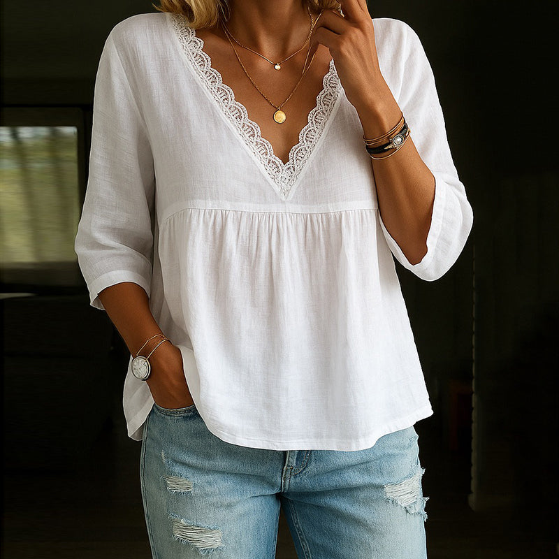 Women’s V-Neck T-Shirt – Relaxed Fit – Lace Trim – 3/4 Sleeve