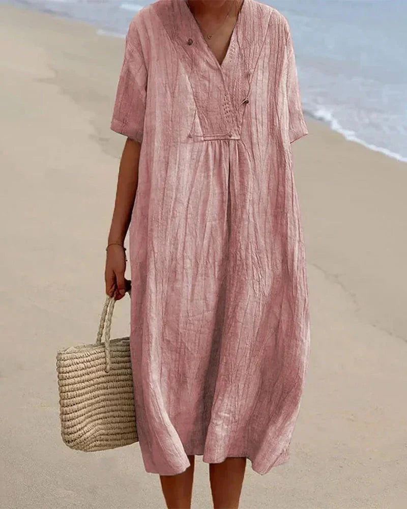 Women's Knee-Length Dress - Cotton Linen Blend - Loose Fit - V-Neck Short Sleeve Casual Wear