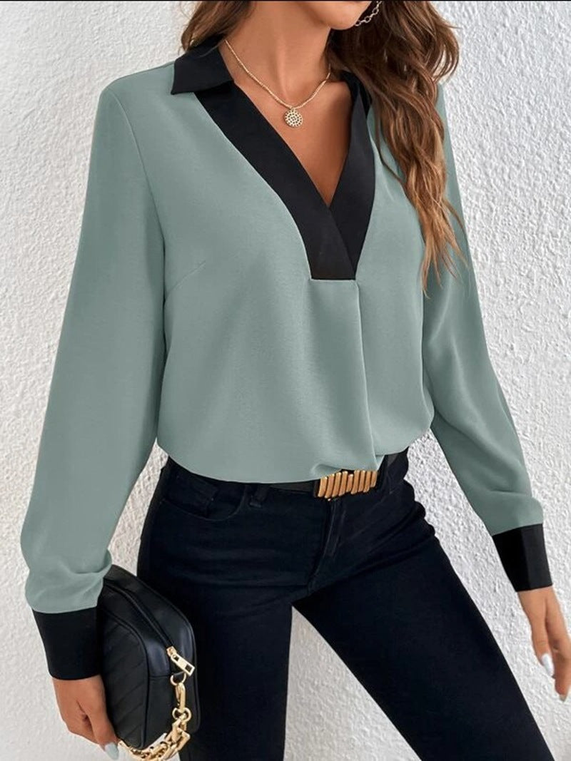 Women’s Blouse – V-Neck Contrast Trim – Relaxed Fit – Long Sleeve Pullover Style