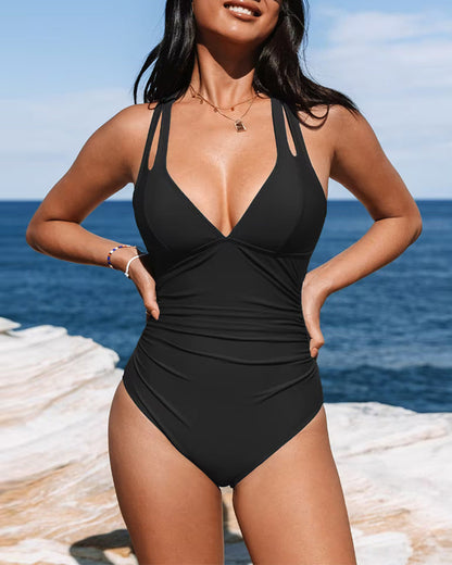 Women’s One-Piece Swimsuit – Shaping Fit – Deep V-Neck – Double Strap – Sleek Silhouette