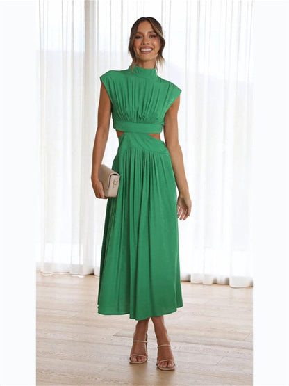 Women's Maxi Dress - Sleeveless A-Line - High Neck - Waist Cutout - Flowy Lightweight