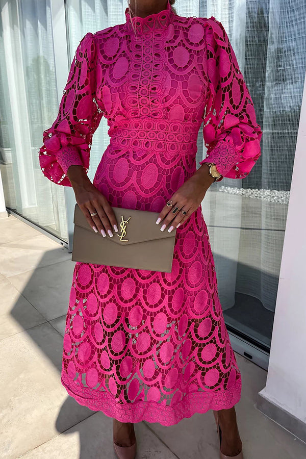 Women's Lace Midi Dress - High Neck - Long Puff Sleeve - Elegant Formal Wear