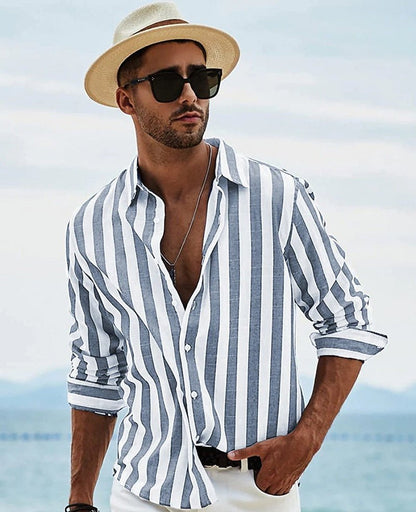 Men’s Button-Down Shirt – Relaxed Fit – Breathable Blend – Long Sleeve Striped Style