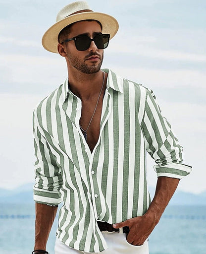 Men’s Button-Down Shirt – Relaxed Fit – Breathable Blend – Long Sleeve Striped Style