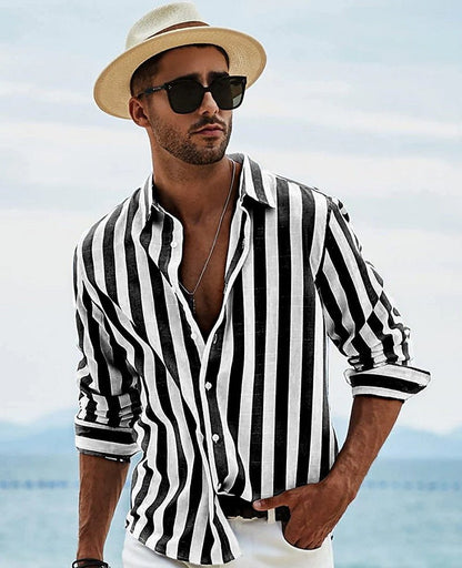 Men’s Button-Down Shirt – Relaxed Fit – Breathable Blend – Long Sleeve Striped Style