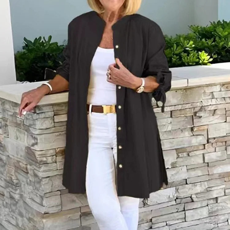 Women’s Long Shirt – Relaxed Fit – Button Front – Natural Fibers – Tie Cuff Sleeves