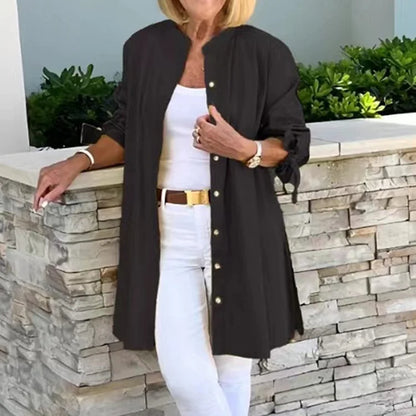 Women’s Long Shirt – Relaxed Fit – Button Front – Natural Fibers – Tie Cuff Sleeves