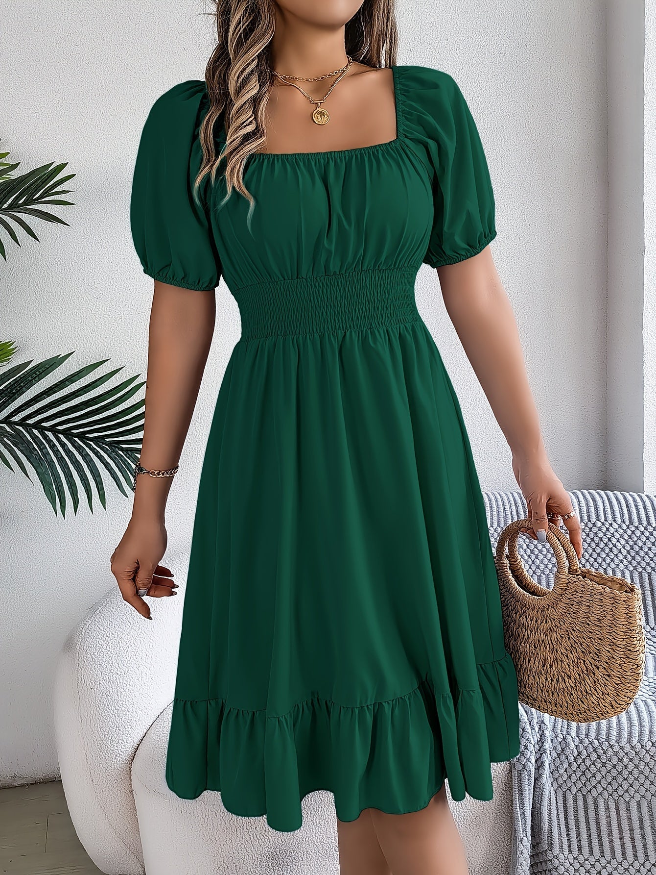 Women's Midi Dress - Square Neck - Puff Sleeves - Smocked Waist - A-Line with Ruffle Hem