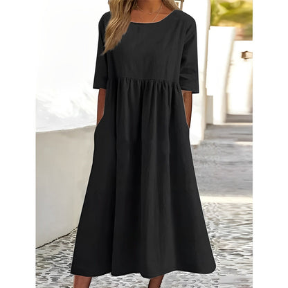 Women's Midi Dress - Cotton Linen Blend - A-Line Relaxed Fit - Short Sleeve with Pockets