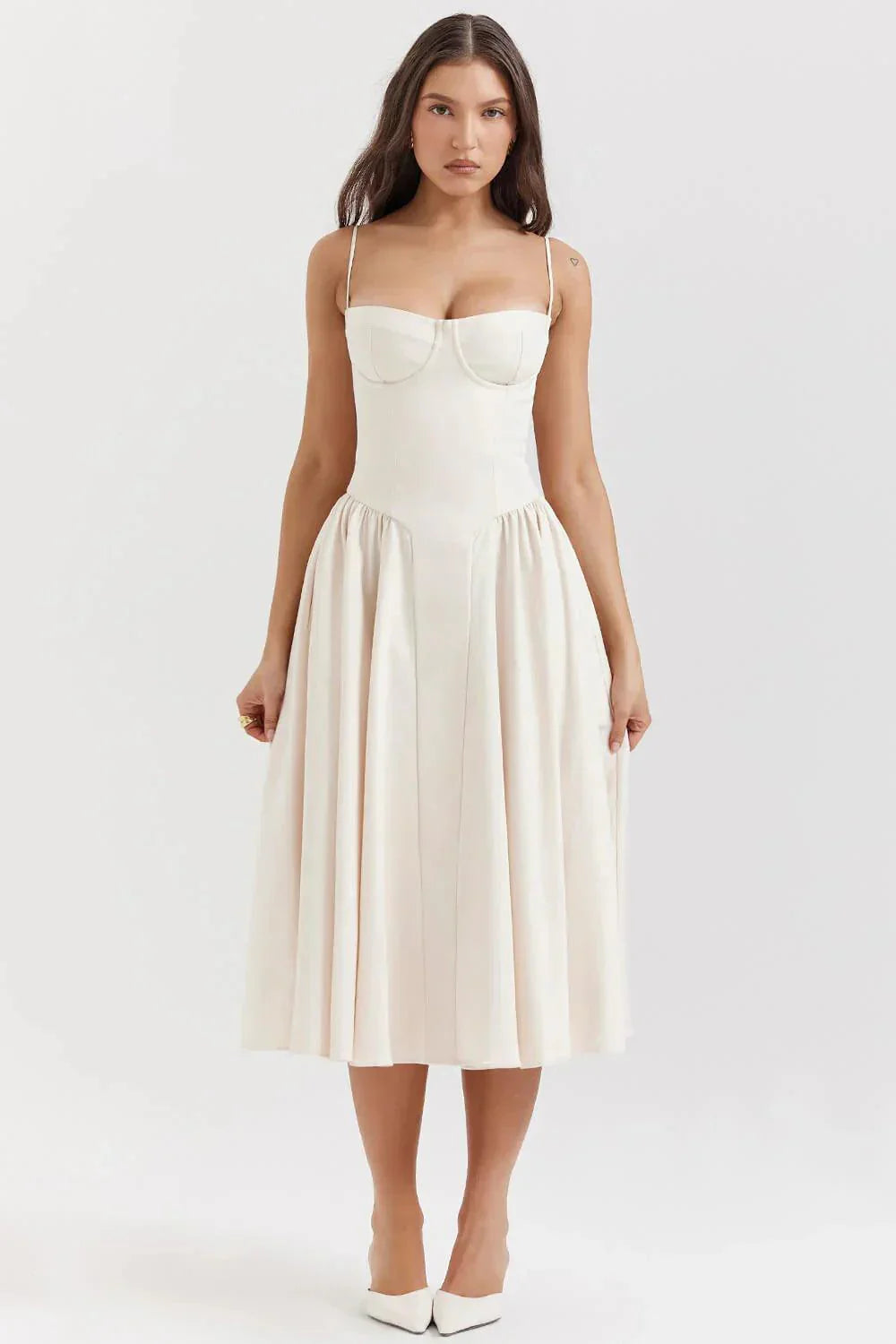 Women's Midi Dress - Sweetheart Neckline - Bustier Bodice - A-Line Flared Skirt
